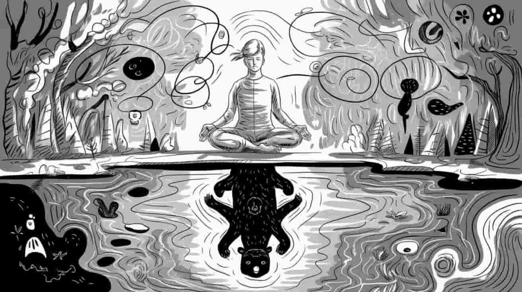 Doodle sketch showing a person meditating with their reflection as a black bear, surrounded by abstract symbols in a whimsical forest, representing introspection in dreams.