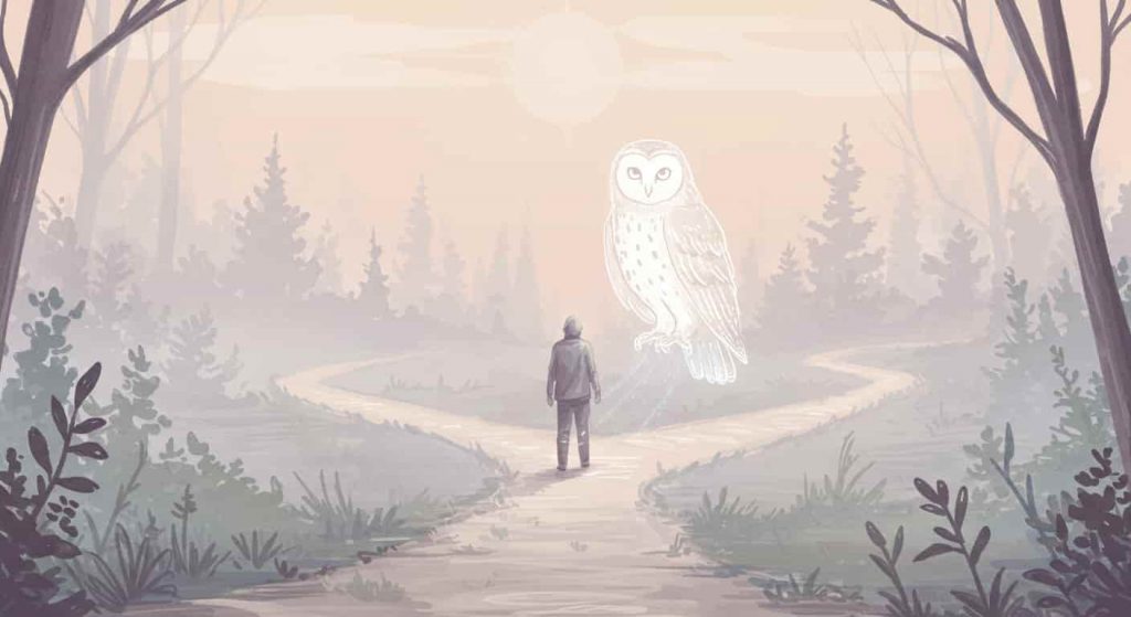 An impressionist watercolor and pen sketch of a person at a misty forest crossroads, guided by an ethereal owl figure, representing intuition and inner knowing.
