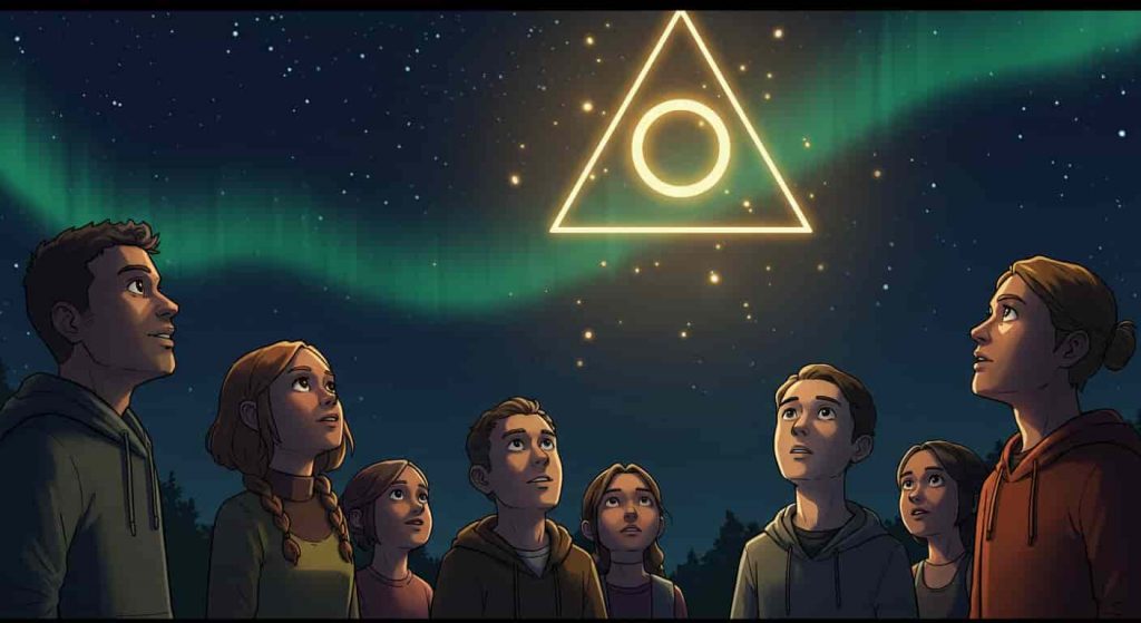 An editorial cartoon style comic showing a group of diverse people gazing up at a radiant triangle with a circle inside, floating in a starry night sky with subtle Northern Lights. The image illustrates the universal appeal and understanding of this spiritual symbol.