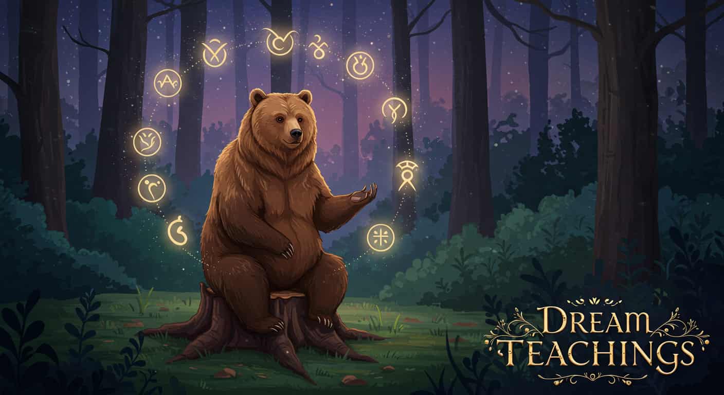 Mystical forest scene with a wise brown bear surrounded by floating symbols representing life lessons learned from brown bear dreams.