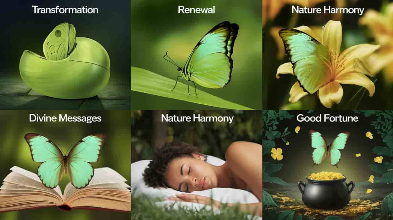 A colorful comic-style illustration showing scenes representing different spiritual meanings of lime green butterflies, including transformation, renewal, and divine messages.