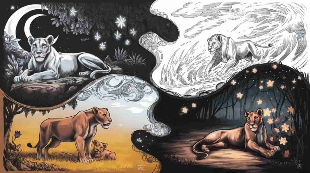Doodle sketch of four unique lioness dream scenarios: peaceful encounter, being chased, protecting cubs, and wounded lioness, with surreal elements like stars and mists connecting the scenes.