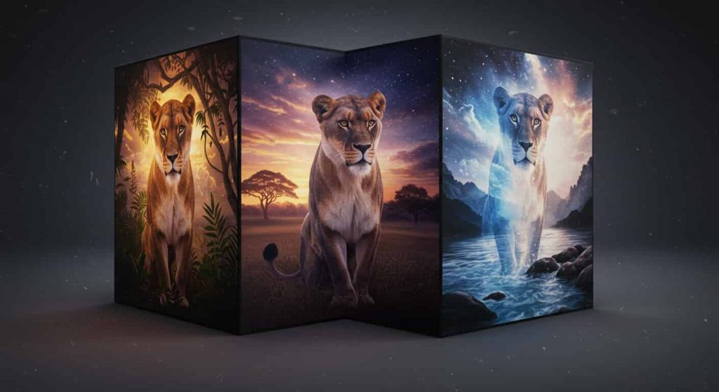 3D rendering of a cube showing a lioness in three natural settings: jungle, starry savanna, and merging with a river, representing the connection to the natural world in lioness dreams.