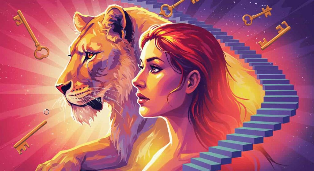 Pop art style image of a woman's profile merging with a lioness, surrounded by spiraling staircases and floating keys, representing personal growth and transformation through lioness dreams.