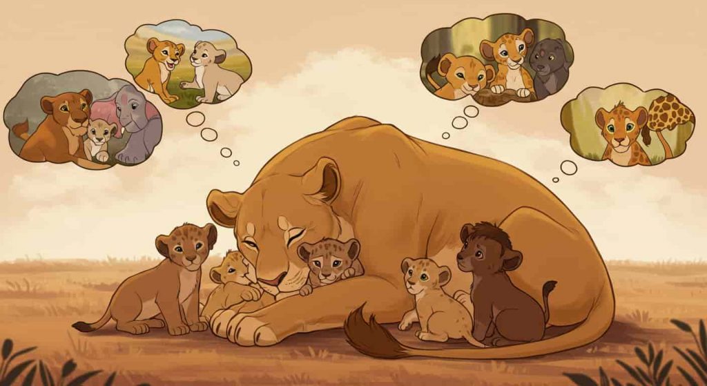 cartoon style comic of a lioness protectively curled around diverse animal cubs, with thought bubbles showing nurturing scenes, illustrating protection and nurturing instincts in lioness dreams.