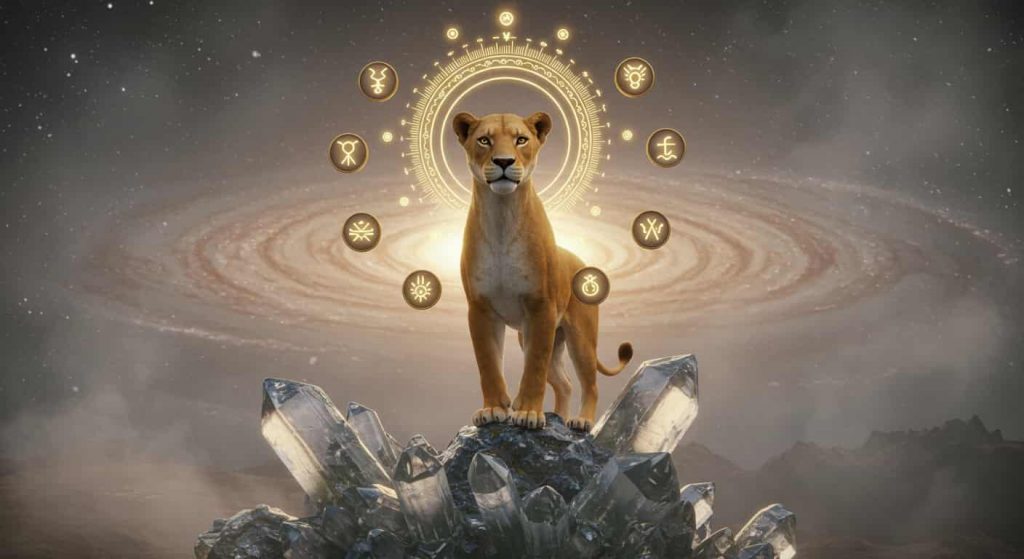3D artwork of a golden-aura lioness on a crystal mountain, surrounded by spiritual symbols and a galaxy background, illustrating the spiritual symbolism in lioness dreams.