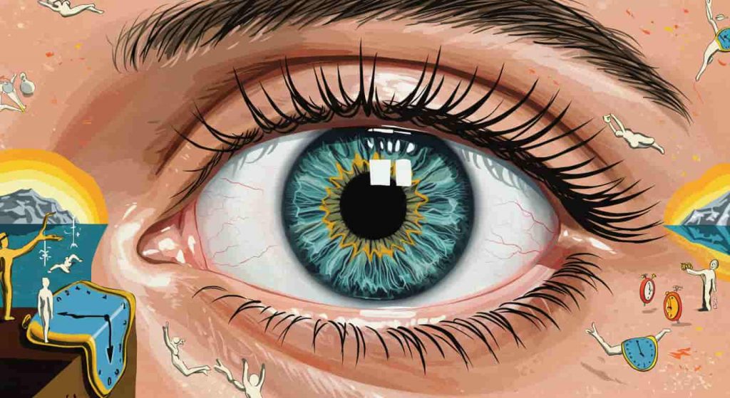 Surrealist pop art dreamscape with melting clocks centered around an open eye containing realistic features and miniature dream symbol scenes.
