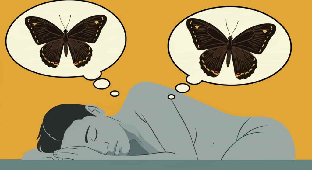 A minimalist pop art painting showing a sleeping person with thought bubbles filled with stylized Mourning Cloak butterflies featuring dark wings with light borders, representing dreams and visions.