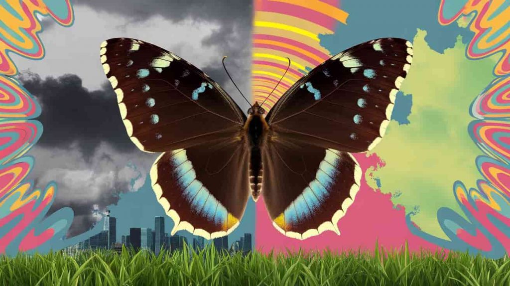 A Peter Max-inspired pop art image depicting a Mourning Cloak butterfly with dark wings, yellow borders, and blue spots as a bridge between physical and spiritual realms, with bold colors and psychedelic patterns.