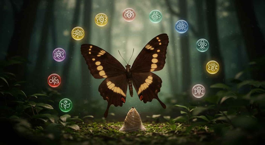 A ukiyo-e inspired 3D artwork showing a Mourning Cloak butterfly with dark brown wings and yellow borders emerging from a cocoon in a mystical forest, surrounded by seven glowing orbs representing various spiritual meanings.
