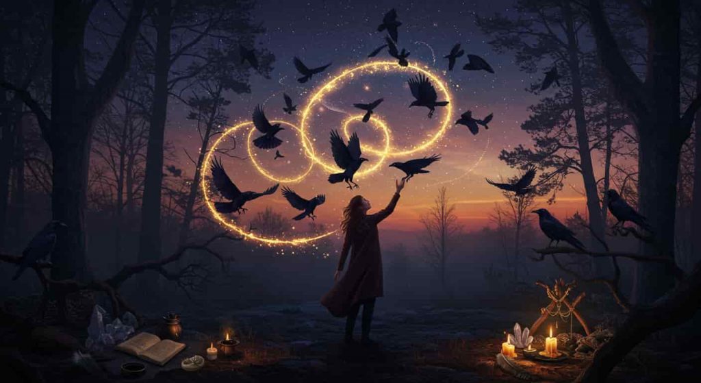 A surrealist digital artwork showing a person in a twilight forest clearing, reaching out to a majestic crow. Multiple crows spiral upward, connected to the individual by luminescent energy threads. Mystical elements like feathers, a journal, and an altar are scattered in the foreground, illustrating the development of a spiritual connection with crow energy.