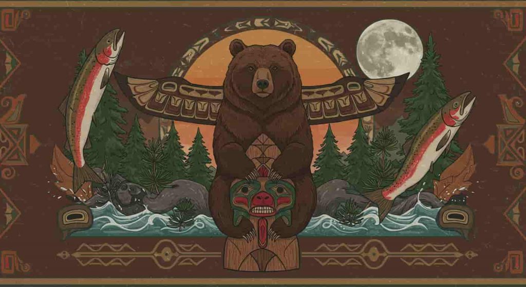 Native American-inspired artwork depicting a brown bear totem pole surrounded by symbolic natural elements and traditional patterns.
