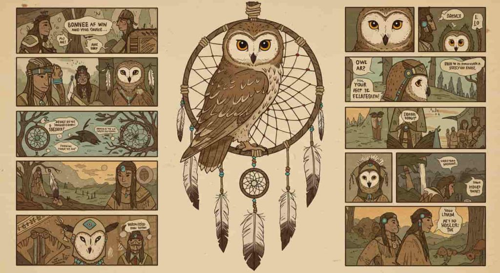 An editorial cartoon style image of a Native American dreamcatcher with an owl, surrounded by vignettes representing various aspects of owl symbolism in Native American culture.
