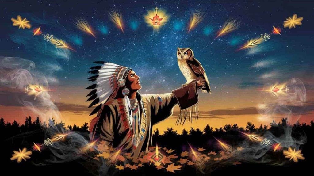 Dynamic digital illustration of a Native American shaman communicating with a realistically depicted screech owl, surrounded by pulsing traditional symbols and patterns, with a smoky effect and vibrant, earthy colors.