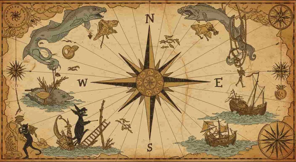 An ancient map style image with a penny compass rose surrounded by mythical creatures and superstition symbols, illustrating the navigation of beliefs about heads-up and tails-up pennies.