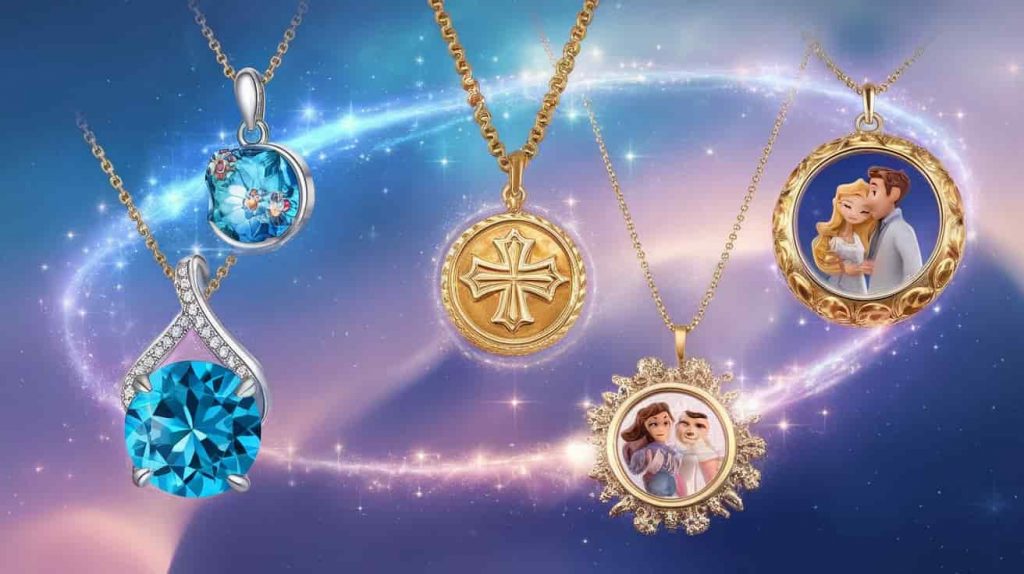 A Pixar-style cinematic 3D cartoon artwork featuring a variety of necklaces (gemstone, religious symbol, heirloom), each radiating unique, colorful energies and interconnected by a glowing, magical aura, set against a backdrop of a whimsical, star-filled sky, depicting the unique spiritual significance of different types of necklaces.