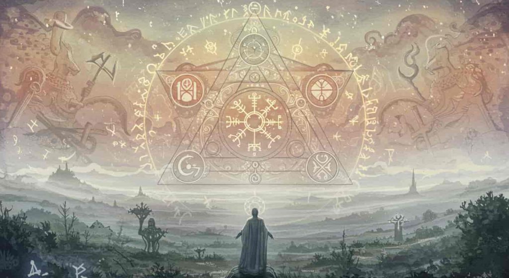 An epic impressionist sketch using watercolor and pen, showing ancient symbols from Celtic, Greek, and Hindu cultures merging into a central triangle with a circle inside. The misty landscape background with glowing runes represents the historical and spiritual roots of the symbol.