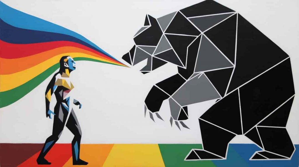 Minimalist pop art painting depicting a human figure confronting a geometric black bear shape, symbolizing facing fears and overcoming challenges in black bear dreams.