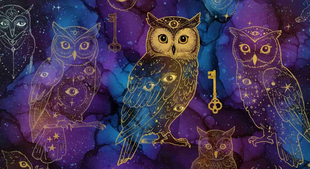 Vibrant alcohol ink artwork depicting multiple transparent owl silhouettes filled with symbolic imagery, representing various spiritual meanings of owl dreams.