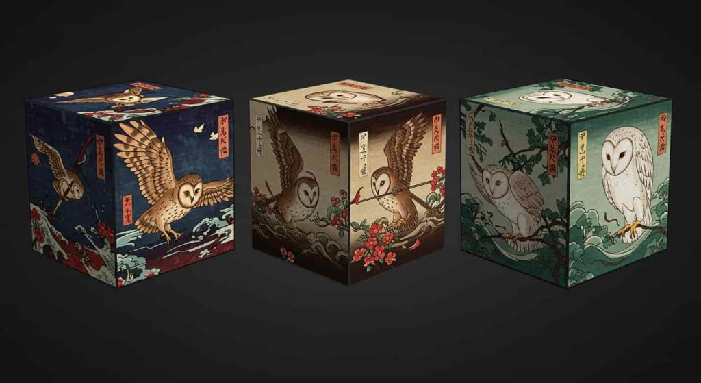 A 3D cube with three faces showing different types of owl dreams in Ukiyo-e and dark fantasy style, illustrating flying, attacking, and white owl dream scenarios.