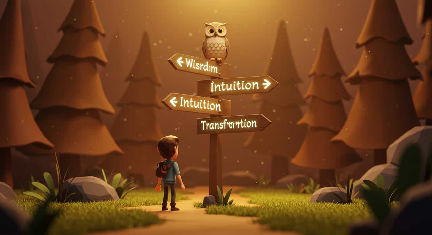 A Pixar-style 3D scene of a person at a crossroads in a mystical forest with a wise owl on a signpost, symbolizing personal growth through owl dreams.