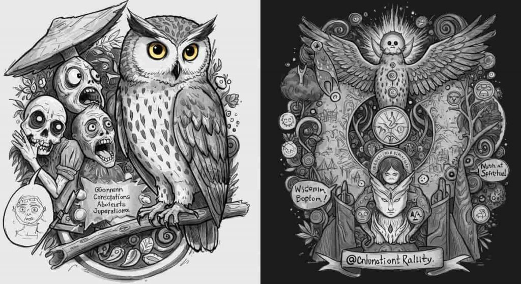 A dynamic doodle sketch contrasting common misconceptions about owl encounters with their positive spiritual interpretations and symbolism.
