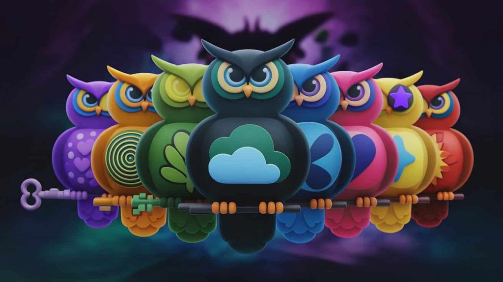 Seven colorful owl silhouettes representing different spiritual meanings of owl encounters, set against a mystical background.