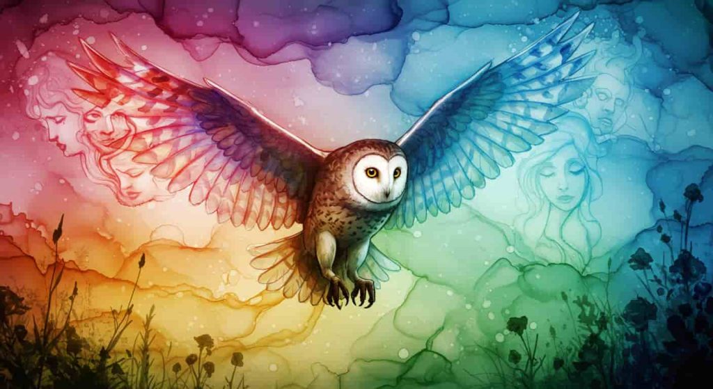 A hyper-realistic 3D alcohol ink artwork showing an ethereal owl in flight, trailing colorful energy forming spirit symbols between physical and spiritual realms.