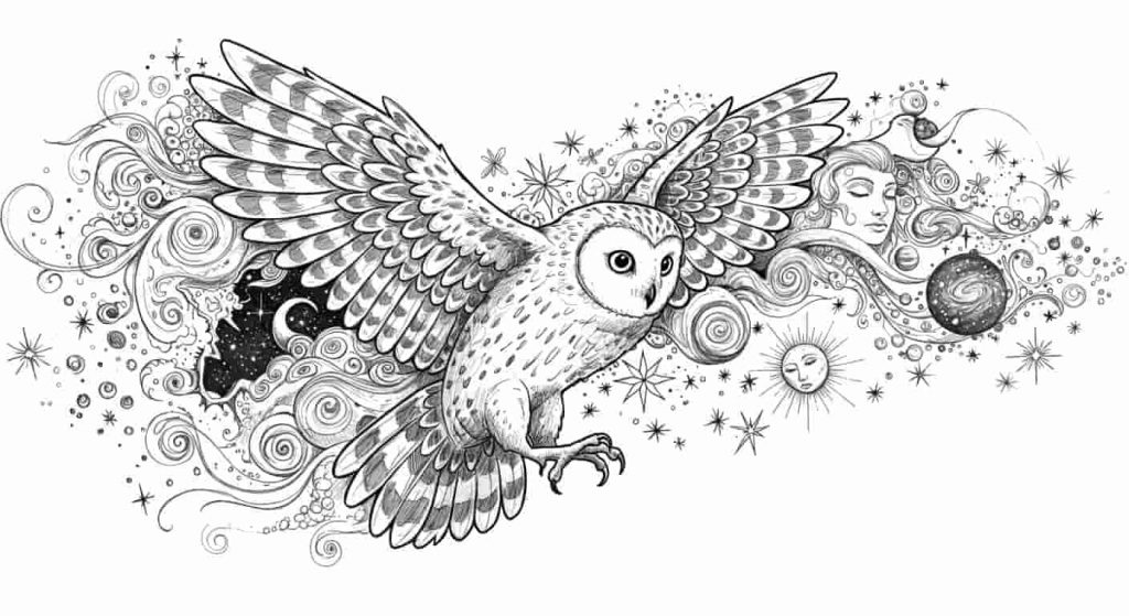 A dynamic doodle sketch of an owl in flight trailing cosmic elements, representing its role in connecting the physical and spiritual realms.