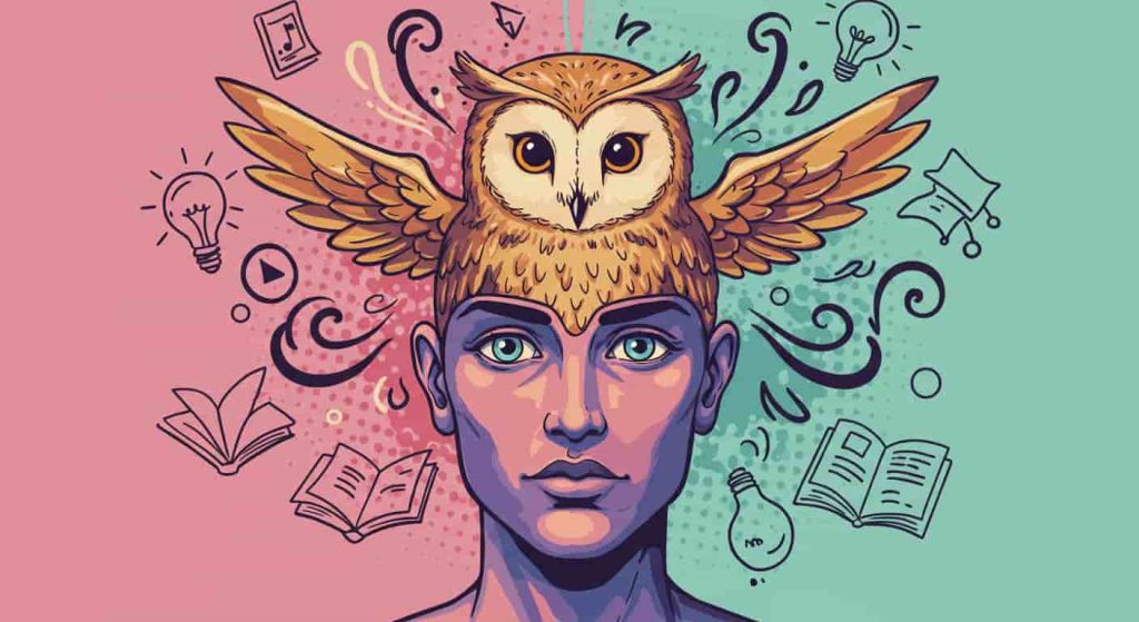 A pop art style image of a human head with an owl emerging, surrounded by vibrant patterns and symbols of wisdom and intuition.