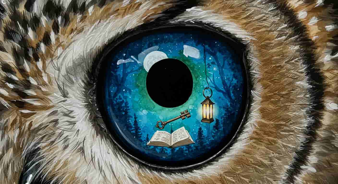 A hyper-realistic 3D alcohol ink artwork of an owl's eye reflecting a moonlit forest, with symbols of wisdom subtly incorporated in the reflection.
