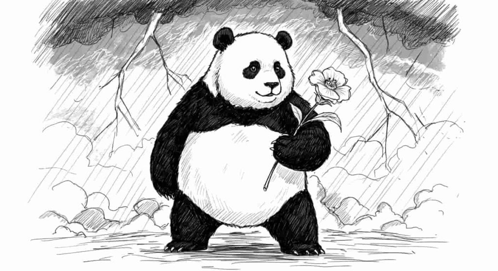 A dynamic doodle sketch contrasting a panda's gentle hold on a delicate flower with its firm stance against a stormy background, illustrating gentle strength.