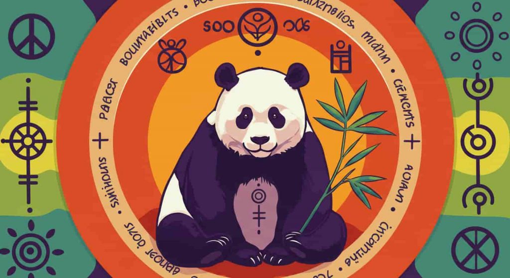 A colorful pop art illustration of a panda bear as a spirit animal, surrounded by symbols representing its spiritual qualities and totemic significance.