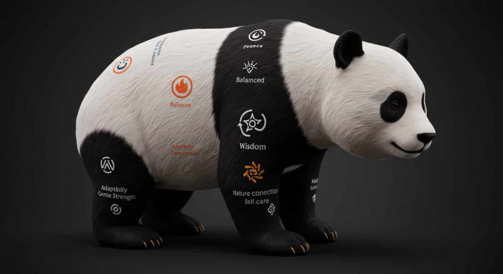 A 3D rendered panda bear divided into seven sections, each depicting a different spiritual quality through unique colors and symbols.