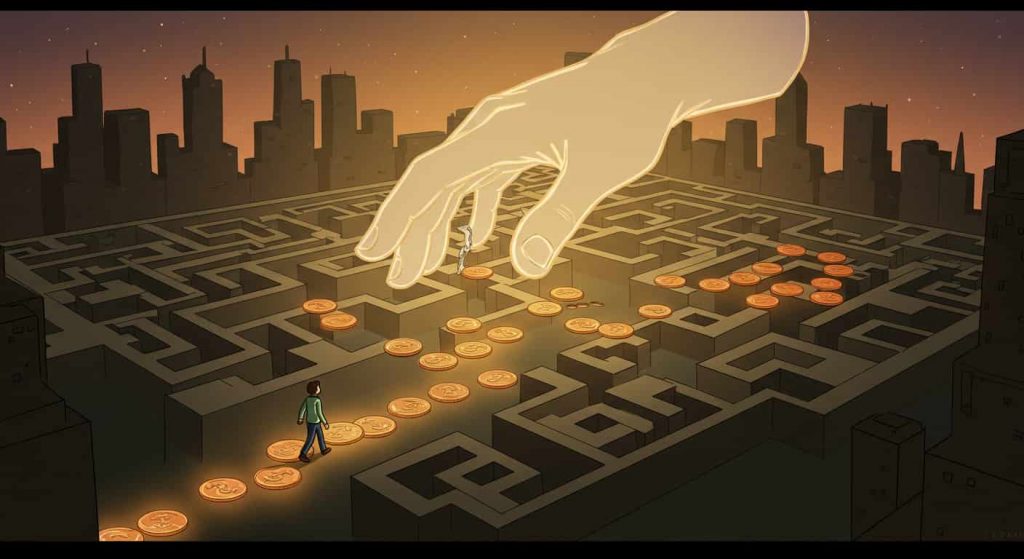 Cartoon showing a person navigating a city maze guided by glowing pennies on the ground and a giant translucent hand from above, illustrating divine guidance and protection.