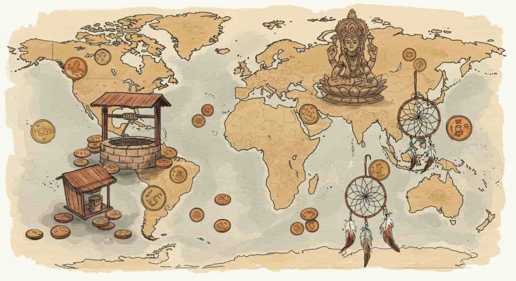 An impressionist watercolor and pen sketch of a world map showing cultural symbols and scattered pennies, illustrating diverse interpretations of penny symbolism across cultures.