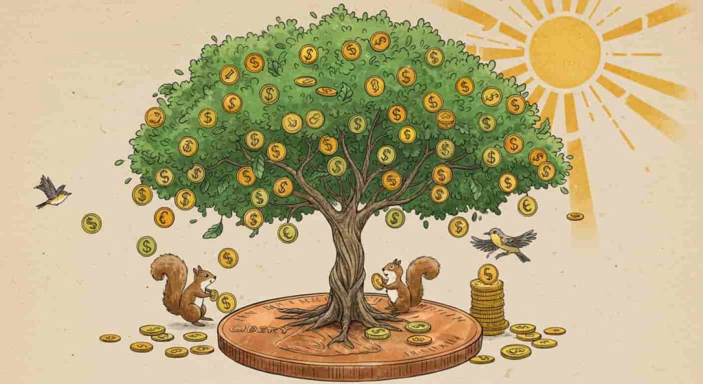 A whimsical doodle sketch of a tree with coin leaves growing from a giant penny, with creatures gathering coins, symbolizing abundance and prosperity from finding pennies.