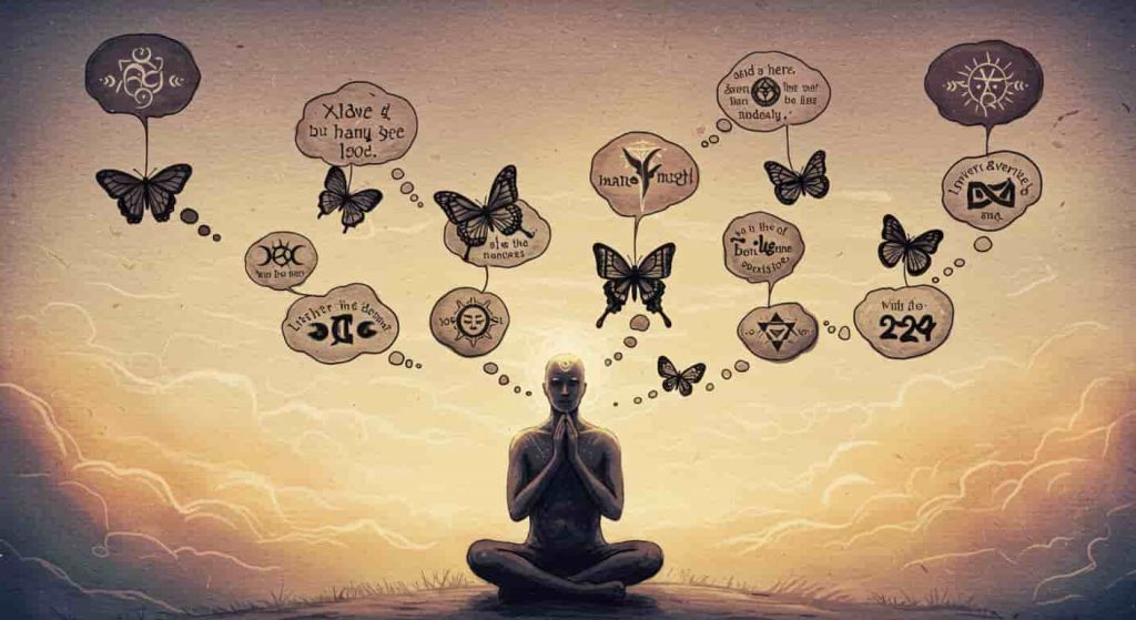 An impressionist watercolor and pen sketch depicting a person surrounded by black butterflies carrying spiritual messages in thought bubbles.