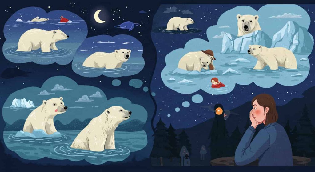 A surreal dreamscape divided into night and day sections, depicting various polar bear dream scenarios and a person interpreting these dreams in relation to real-life situations.