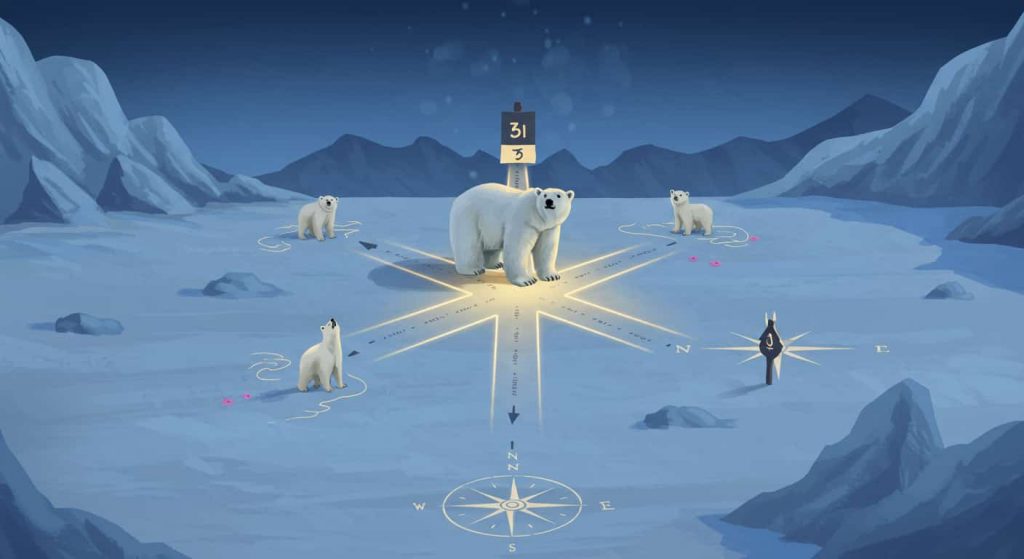 An illustration of a polar bear at a crossroads in an Arctic landscape, with a glowing aura representing intuition guiding it towards the right path, symbolizing instinctual decision-making.