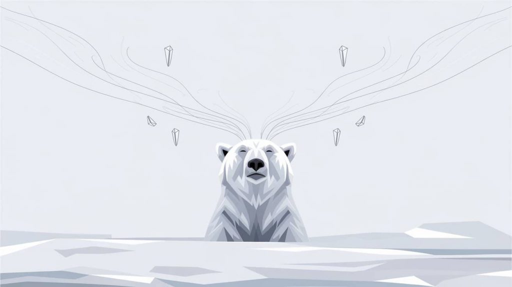 A minimalist design of a polar bear's face emerging from a white background, with flowing lines representing pure thoughts and small crystals symbolizing clarity of intention.