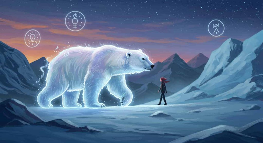 A dreamlike illustration of a transparent spirit polar bear guiding a human through a surreal Arctic landscape, symbolizing the bear's role as a spiritual guide and source of inner strength.