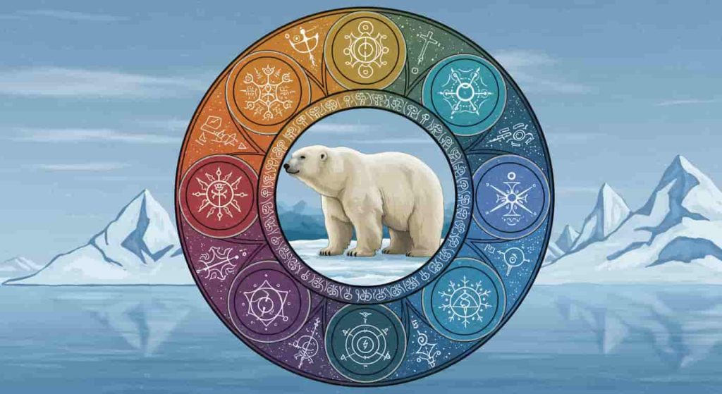 A circular mandala design featuring a polar bear at the center, surrounded by seven sections representing different spiritual meanings including strength, solitude, adaptability, protection, purity, balance, and intuition.