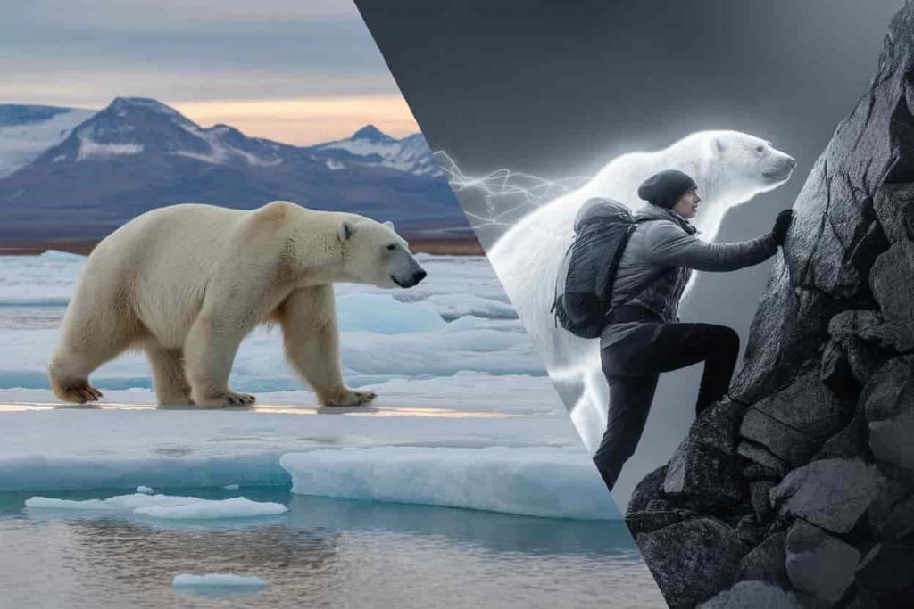 A split-screen image comparing a polar bear navigating harsh Arctic conditions with a person overcoming challenges, illustrating the spiritual connection between polar bear strength and human resilience.