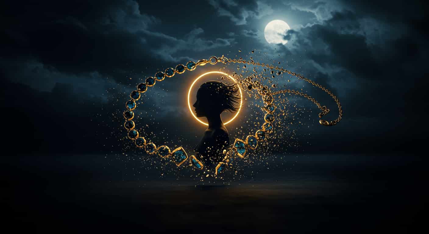 A striking 3D render of a dark fantasy painting depicting a woman's silhouette with a glowing, protective aura, standing before a surreal, broken gemstone necklace that is dissolving into shimmering particles, set against a backdrop of a stormy, moonlit sky, symbolizing protection from harm through a broken necklace.