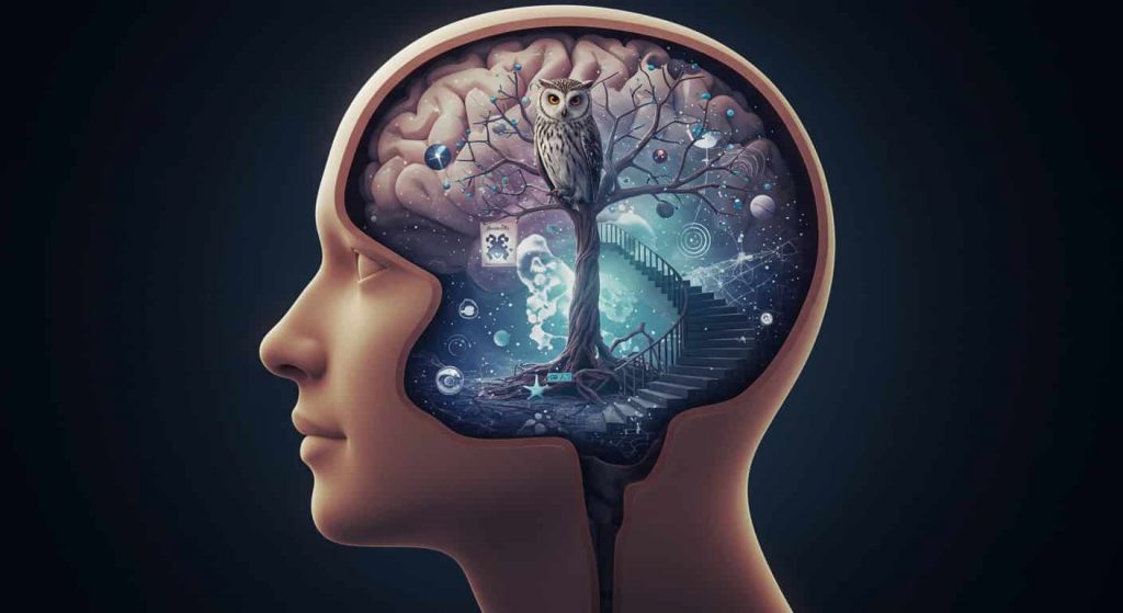 A 3D conceptual artwork showing a human head with an exposed brain containing a surreal landscape with an owl, representing the psychological aspects of owl dreams.