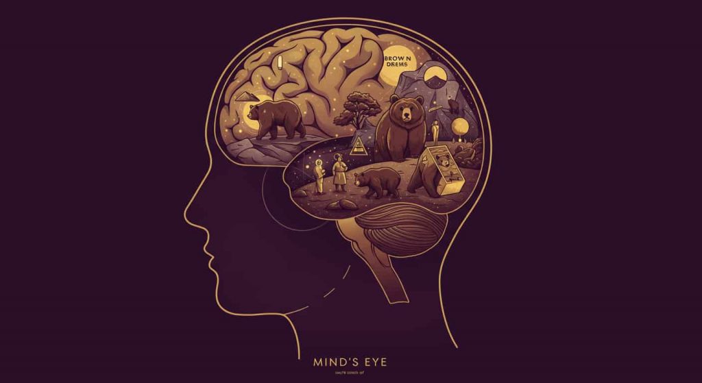 Conceptual artwork of a human head showing brown bear dream scenes within the brain, representing the psychological significance of these dreams.