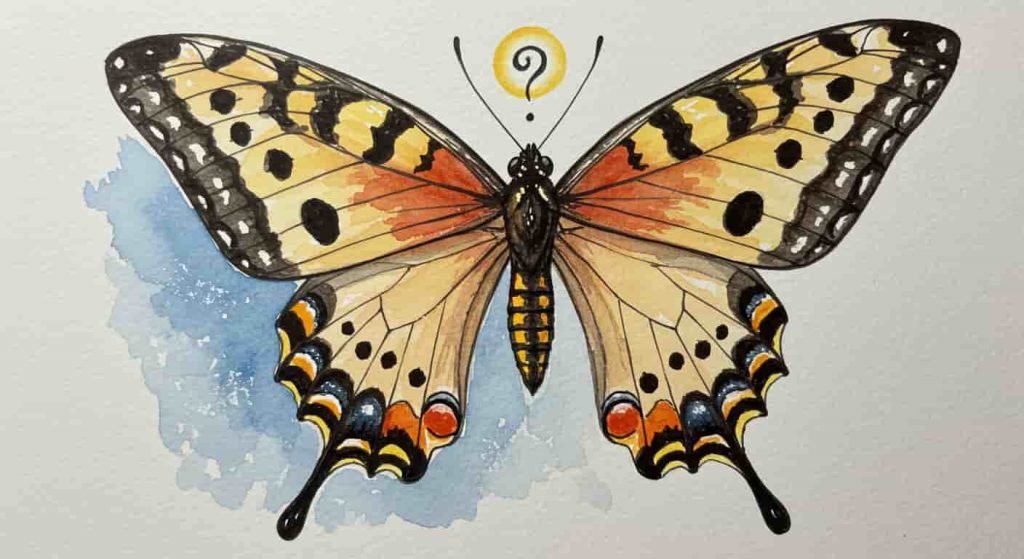 An impressionist watercolor and pen sketch depicting the Question Mark butterfly's physical characteristics and seasonal forms, with subtle spiritual symbols integrated to illustrate their deeper significance.
