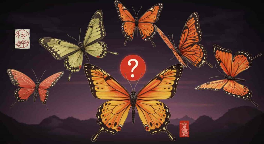 3D artwork showcasing seven Question Mark butterflies, each representing different spiritual meanings such as transformation, divine guidance, and hope, illustrating the rich symbolism associated with this species.