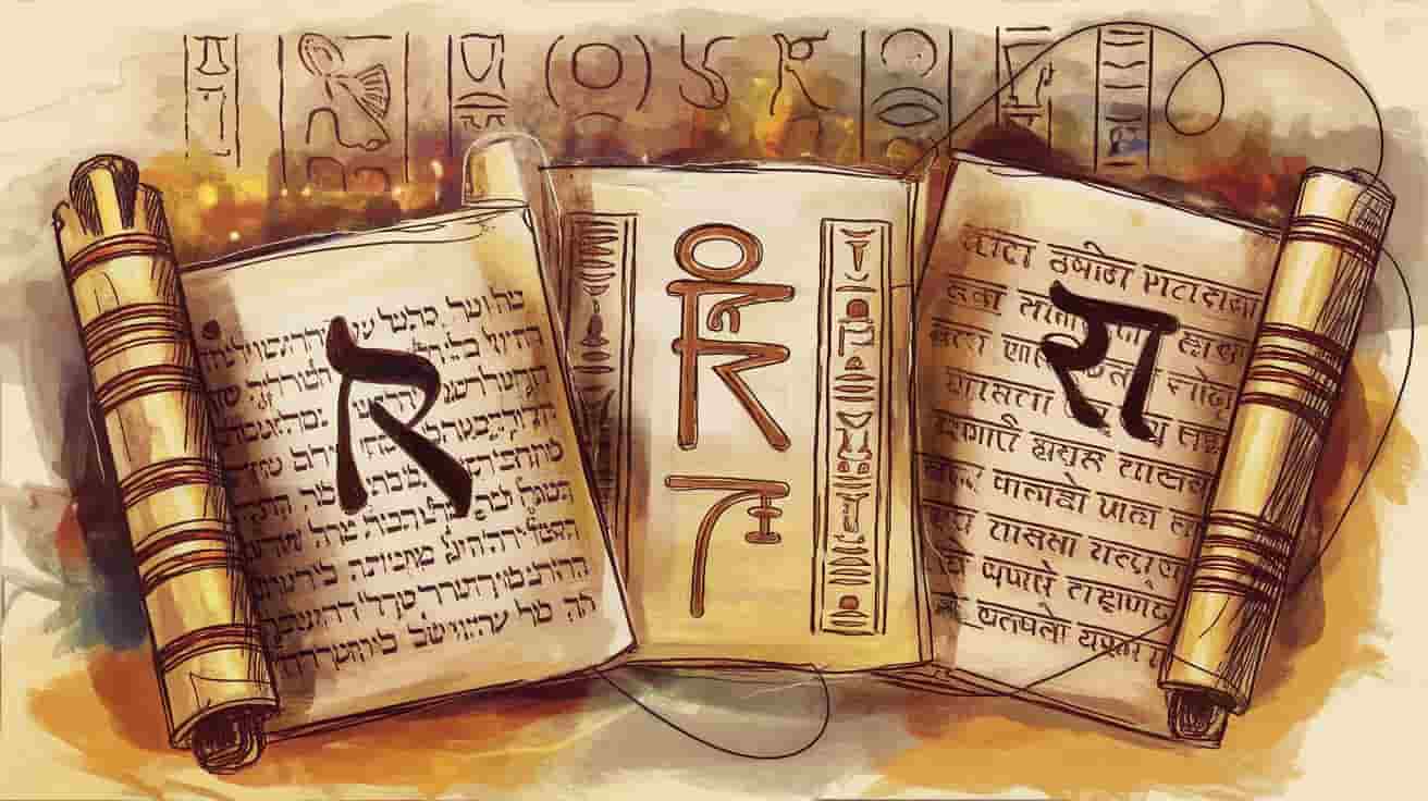 An impressionistic watercolor sketch of three ancient scrolls representing Hebrew Kabbalah, Egyptian hieroglyphs, and Sanskrit, each displaying the letter R or its equivalent, connected by a faint outline of R.